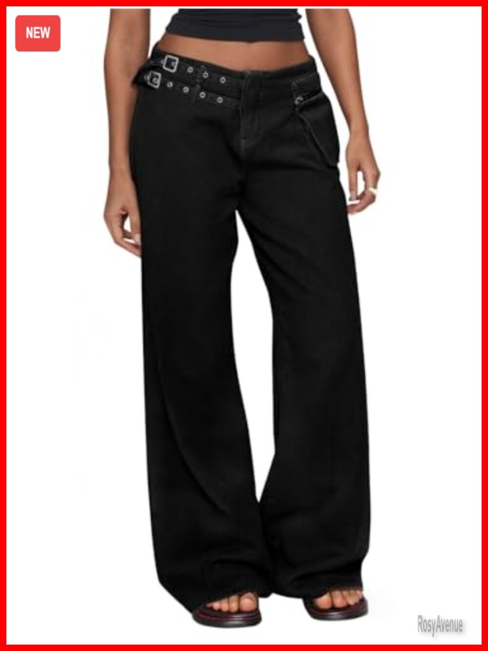 Low Rise Wide Leg Cargo Jeans Buckle Detail 100% Cotton Baggy Denim Pants